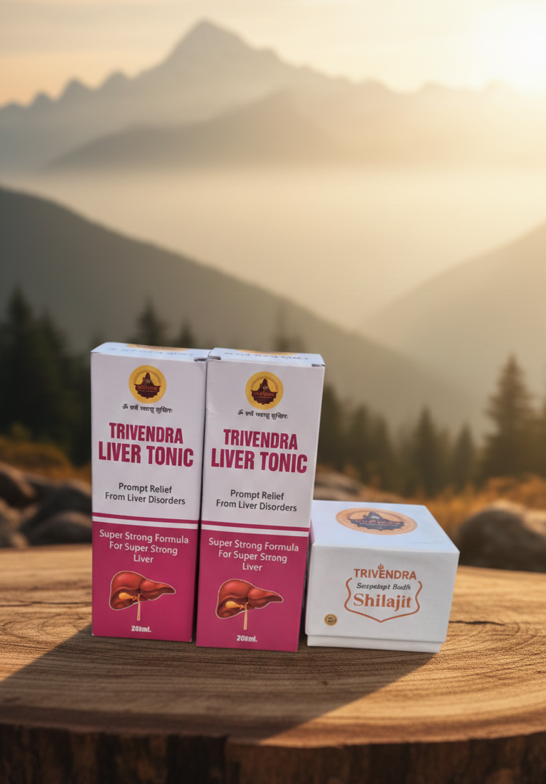 Trivena liver tonic boxes on a wooden surface with a mountainous background