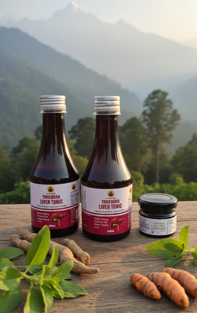 Two bottles of Tovomil Liver Tonic with a jar and herbs on a wooden surface with a mountainous background.